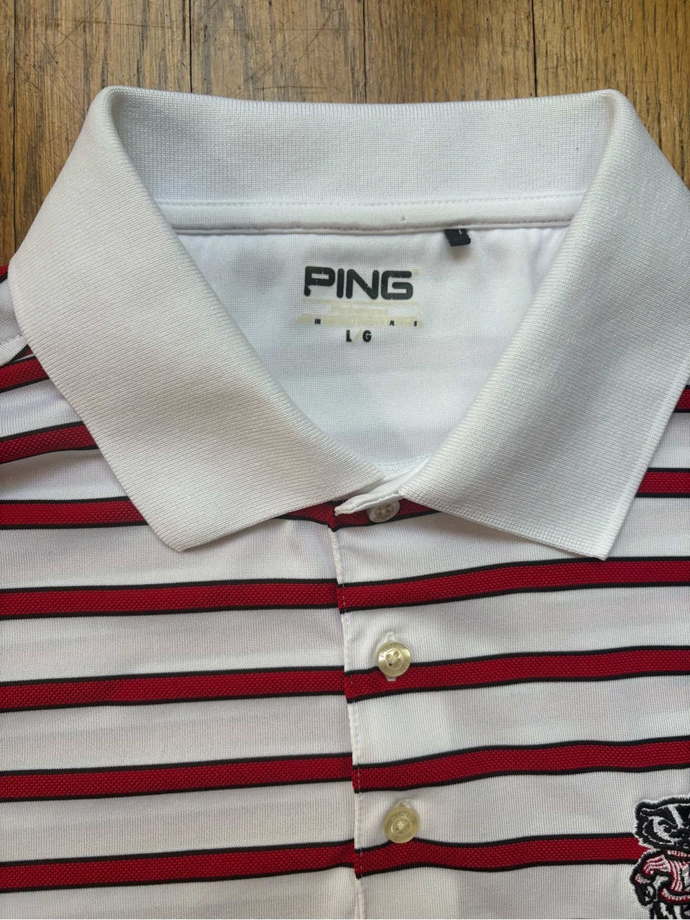 Ping Performance Wisconsin Badger Short Sleeve Polo M White Red Striped Golf - Picture 4 of 11